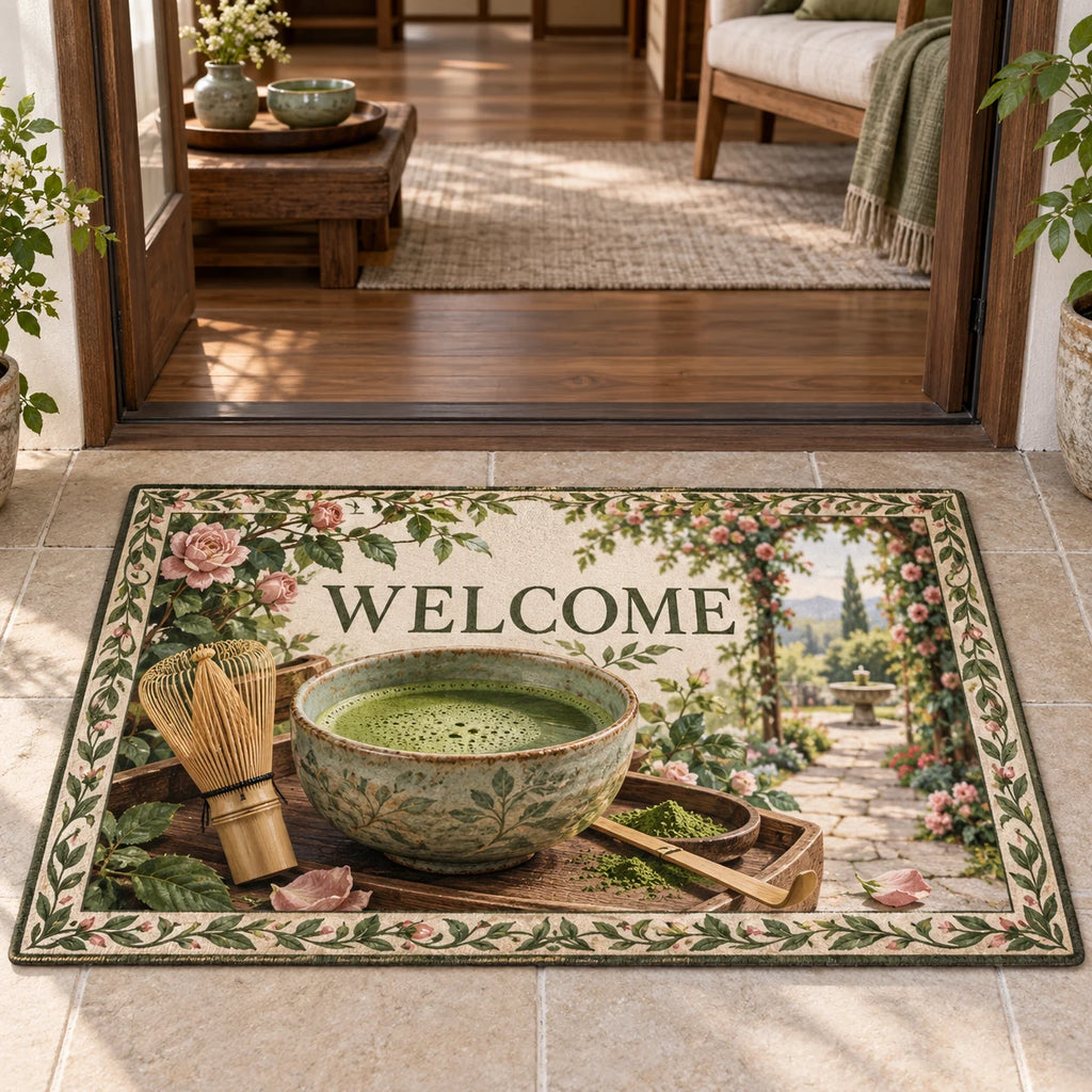 Celadon matcha bowl and bamboo whisk printed 3D doormat with botanical border