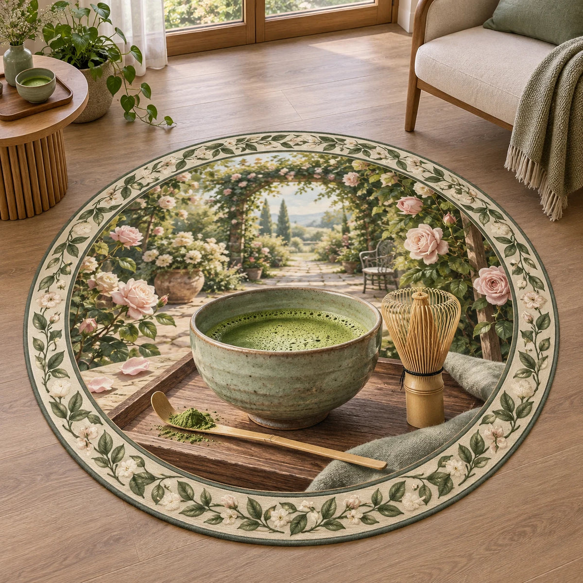 Celadon matcha bowl and bamboo whisk printed 3D round mat rug with botanical border