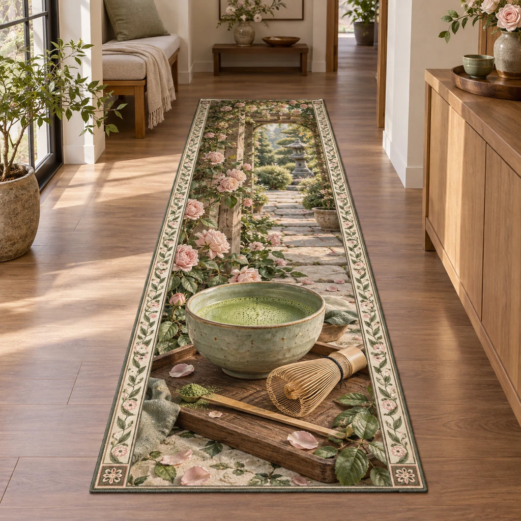 Celadon matcha bowl and bamboo whisk printed 3D runner rug with botanical border