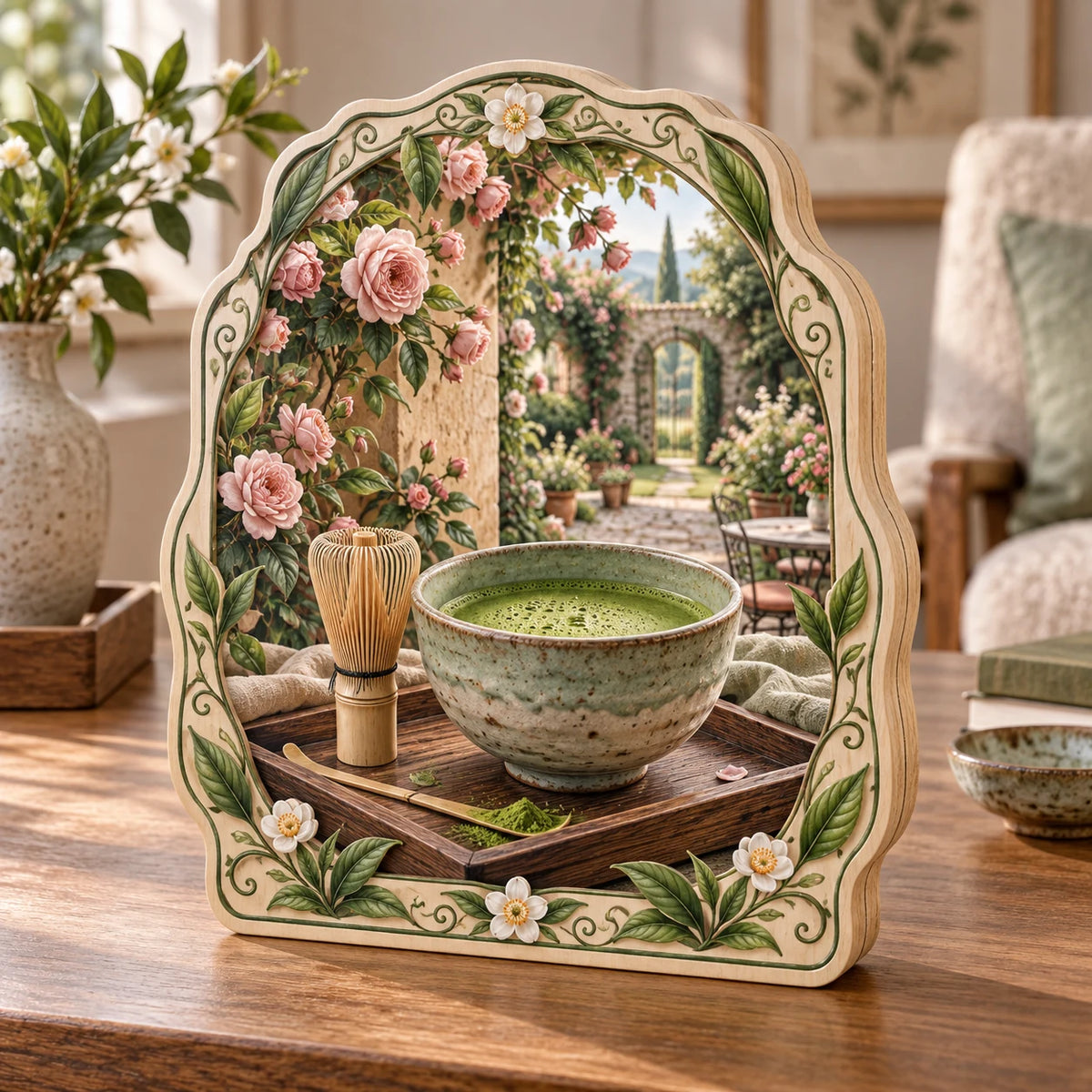 Celadon matcha bowl and bamboo whisk printed 3D wooden block 3 layer with botanical border