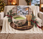 Matcha Holiday Tea Fleece Blanket with flat printed matcha tea tray and snowy garden depth