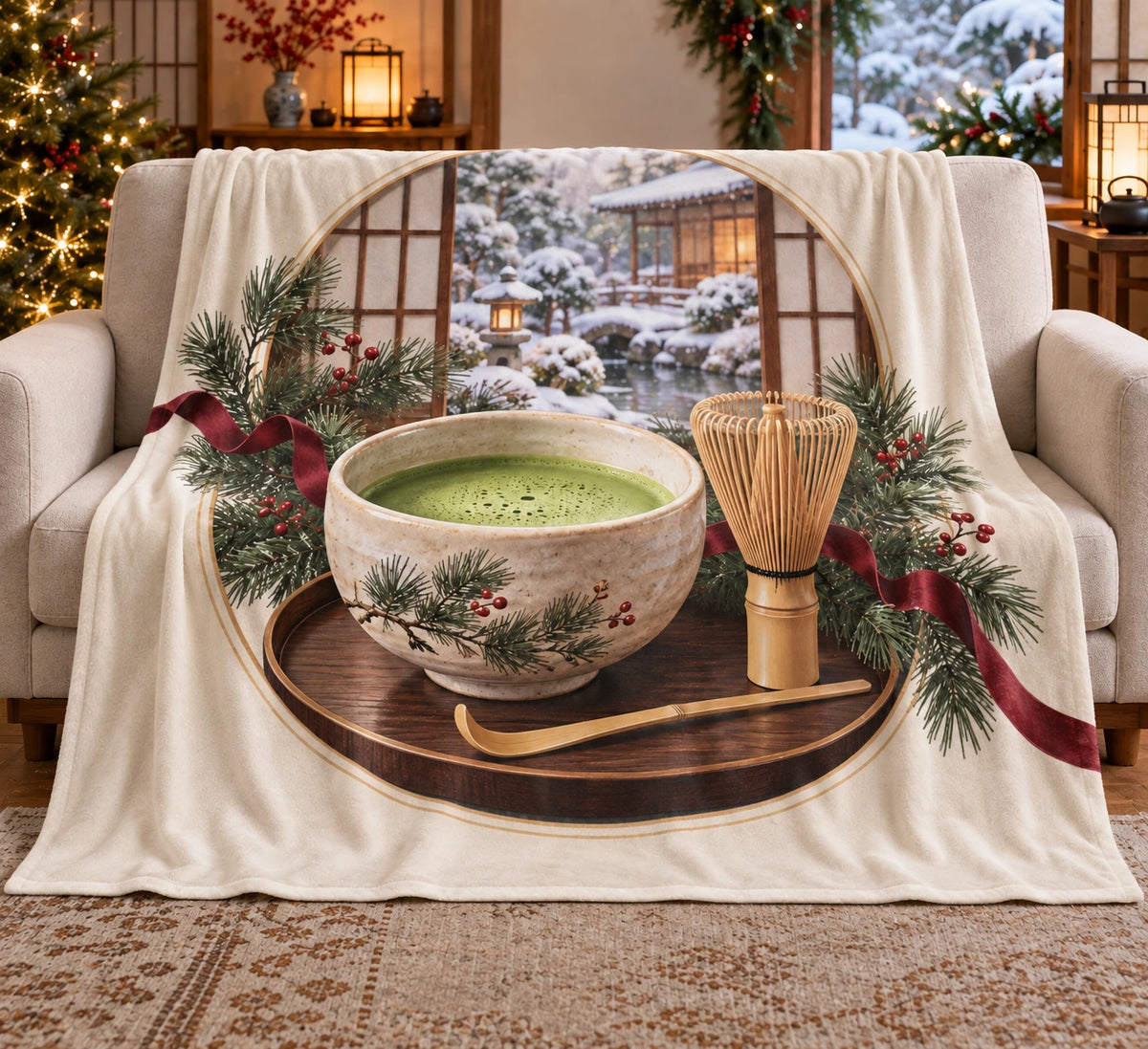 Matcha Holiday Tea Fleece Blanket with flat printed matcha tea tray and snowy garden depth