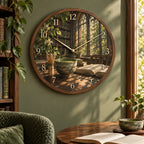Matcha Bowl Library Afternoon Wooden Wall Clock with printed dimensional artwork