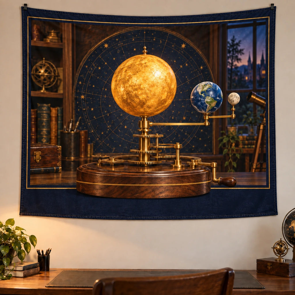 Mechanical Orrery Study Wall Tapestry with original printed optical 3D artwork