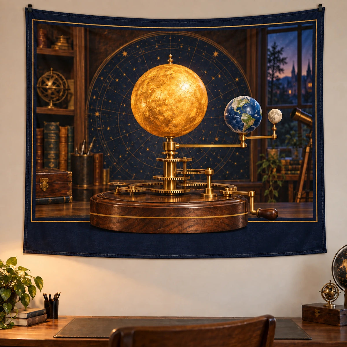 Mechanical Orrery Study Wall Tapestry with original printed optical 3D artwork