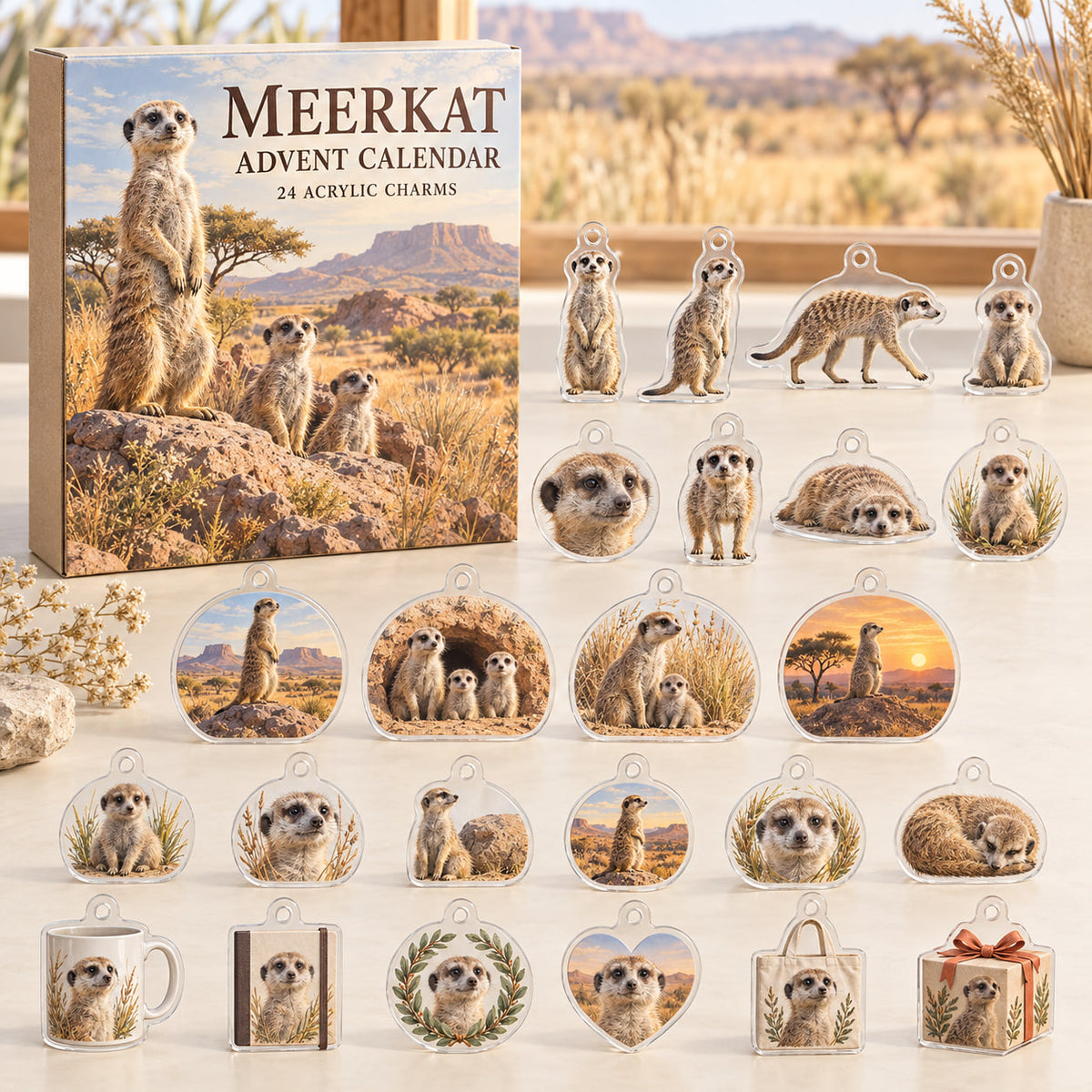 Meerkat advent calendar box with 24 themed flat printed acrylic charms