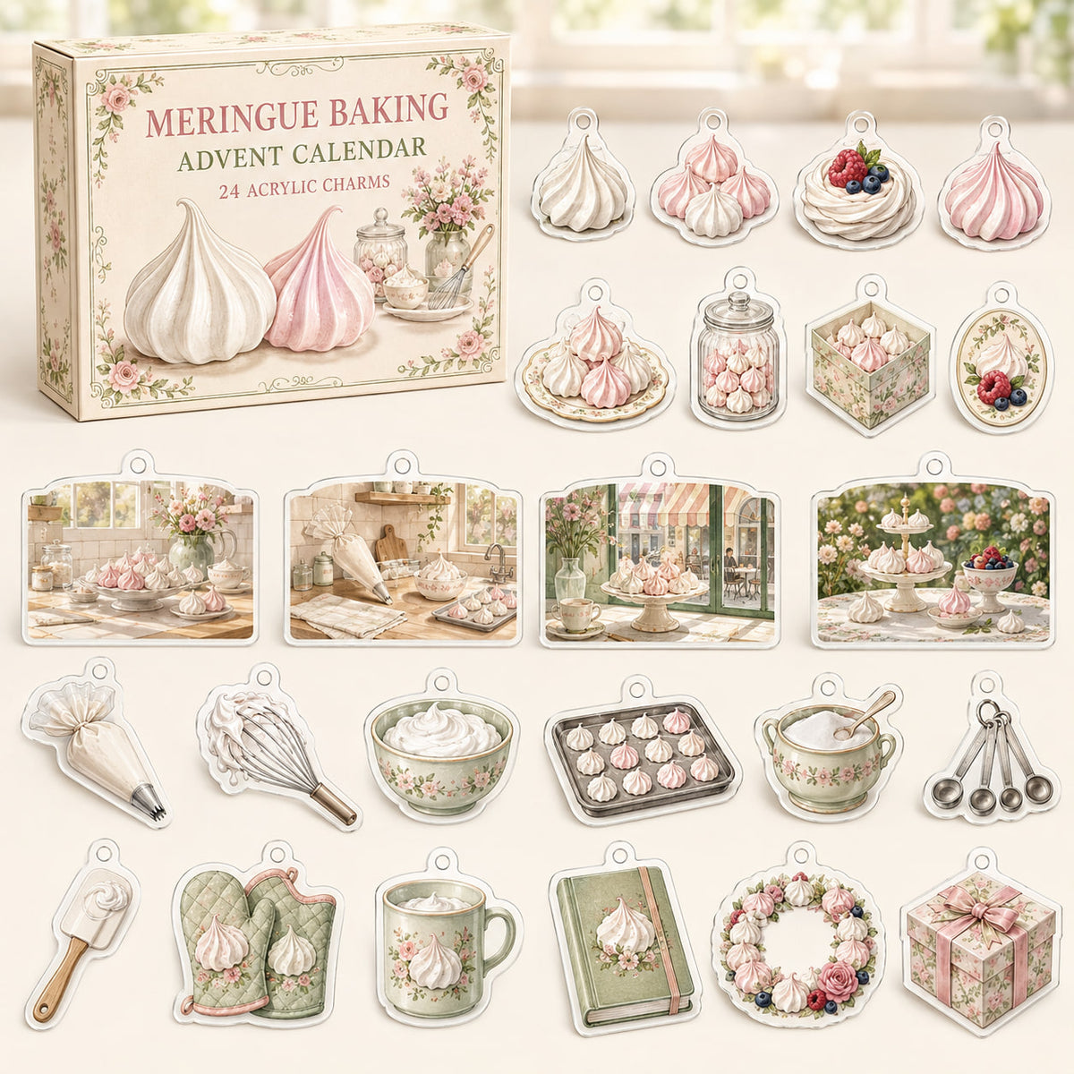 Meringue Baking advent calendar box with24 printed acrylic baking-themed charms