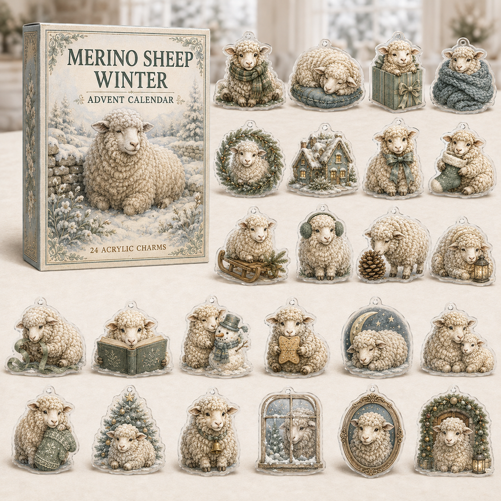 Merino Sheep Winter advent calendar gift box with 24 illustrated acrylic charms arranged on a light tabletop