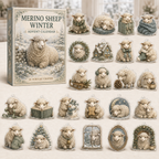 Merino Sheep Winter advent calendar gift box with 24 illustrated acrylic charms arranged on a light tabletop