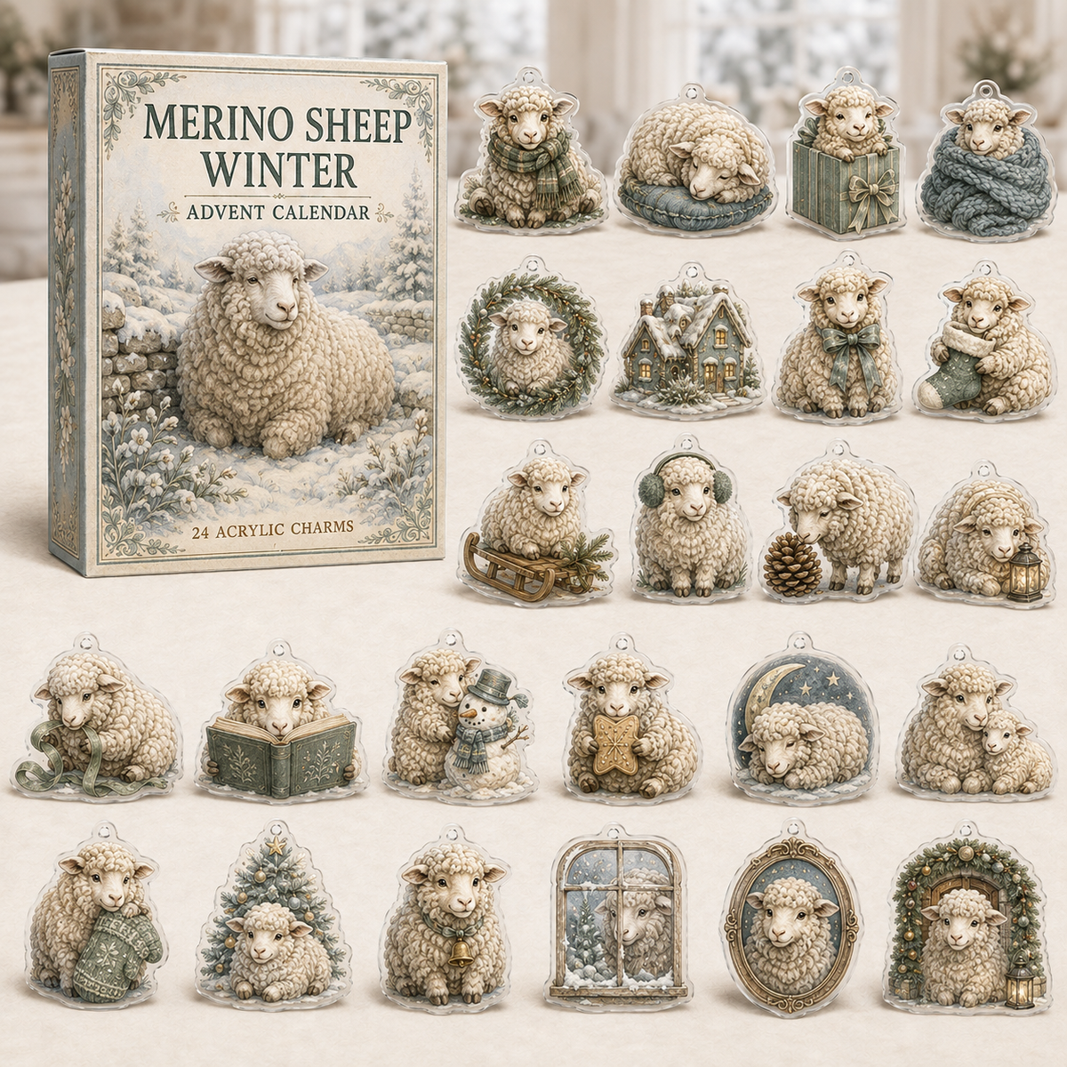 Merino Sheep Winter advent calendar gift box with 24 illustrated acrylic charms arranged on a light tabletop