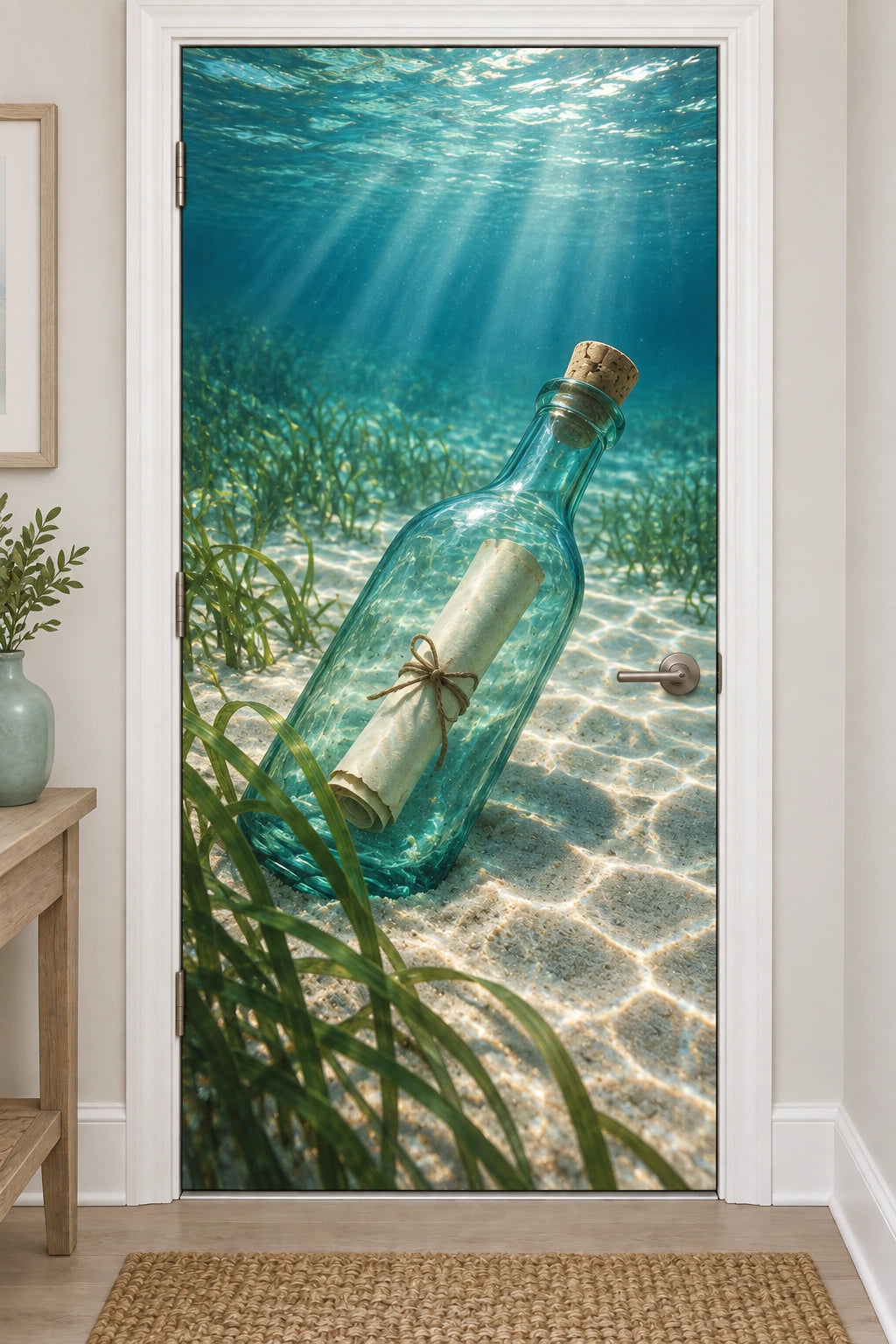 Message Bottle Undersea Letter Fabric Door Cover with printed underwater glass and seagrass depth
