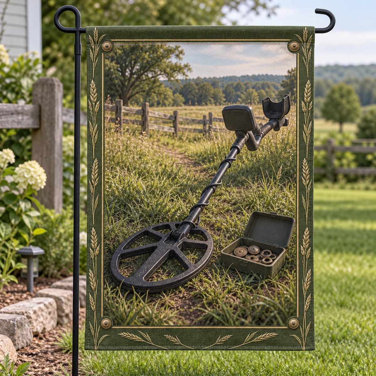 Metal Detecting Meadow Garden Flag with original printed optical 3D artwork