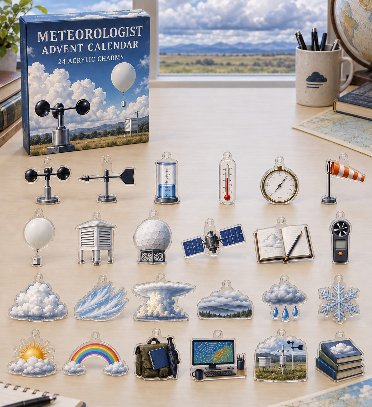 Meteorologist advent calendar with 24 custom-shaped flat acrylic charms and printed dimensional artwork