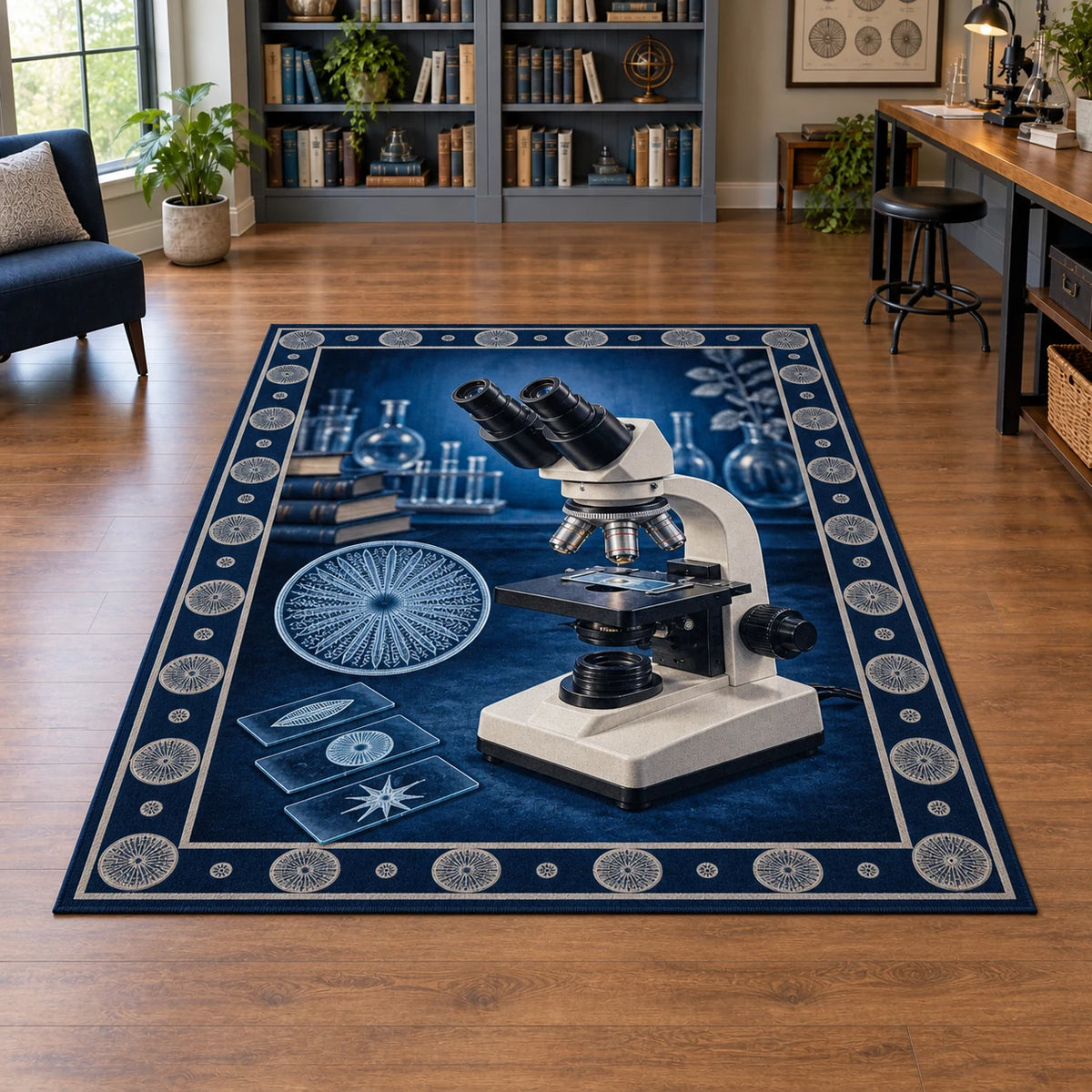 Microscopy Discovery Studio Area Rug with original printed 3D artwork