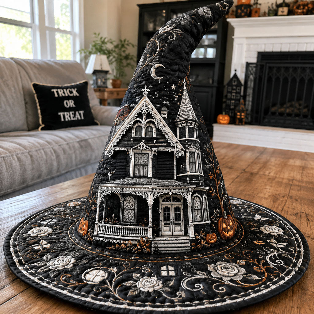 Midnight Manor quilted witch hat, all-over print on cone and brim