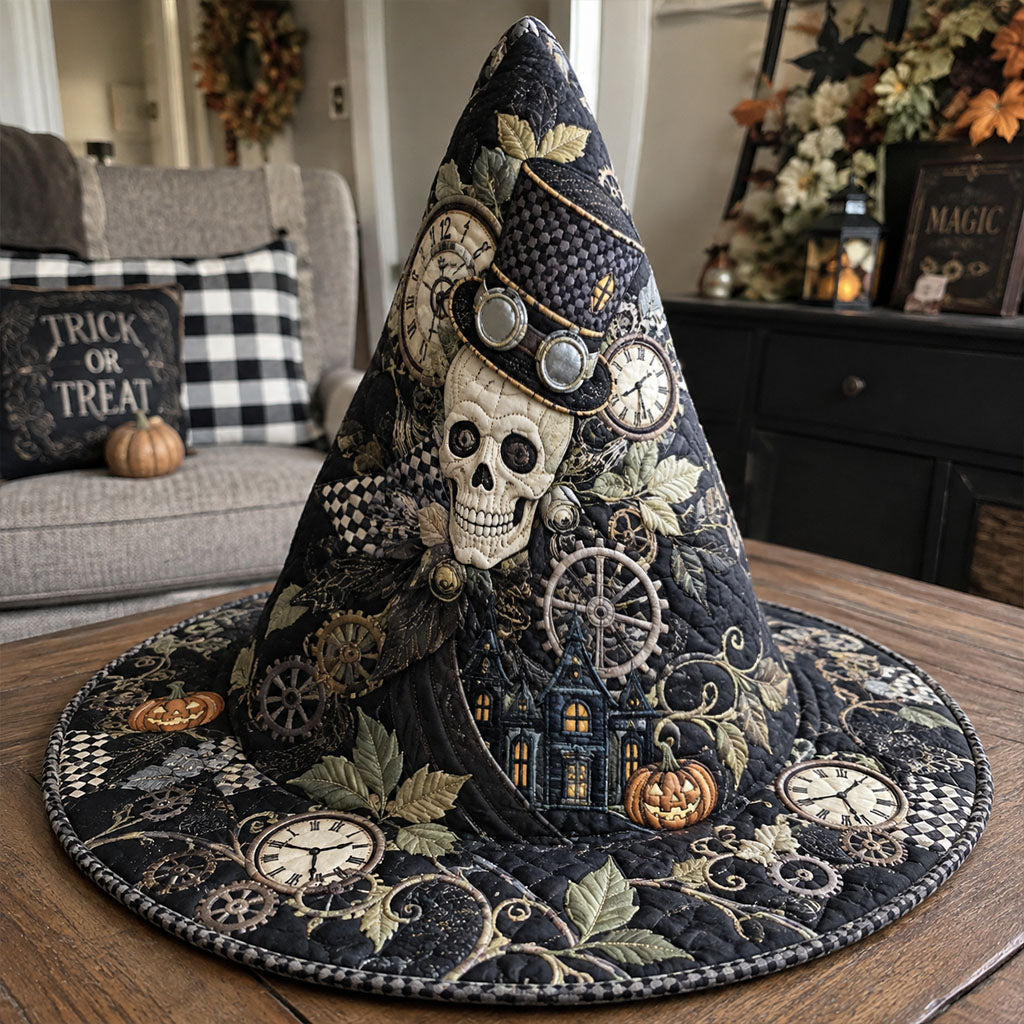 Midnight Mechanism quilted witch hat, all-over print on cone and brim