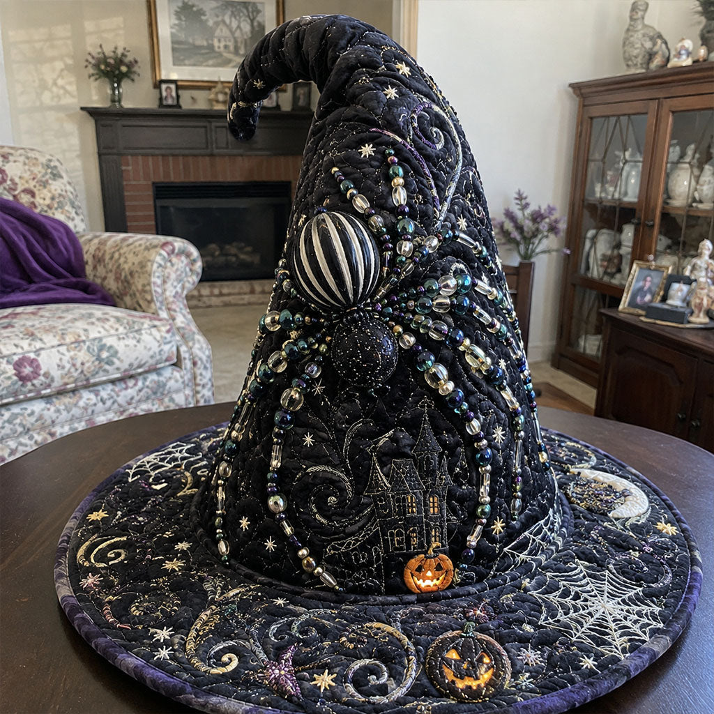Midnight Mourning quilted witch hat, all-over print on cone and brim