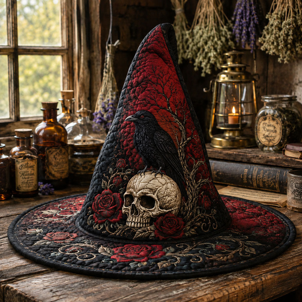 Midnight Raven quilted witch hat, all-over print on cone and brim