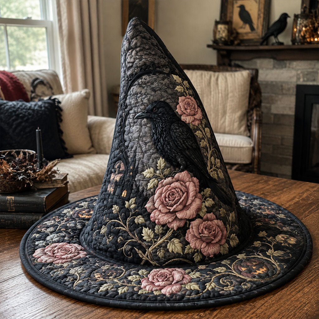 Midnight Rose quilted witch hat, all-over print on cone and brim