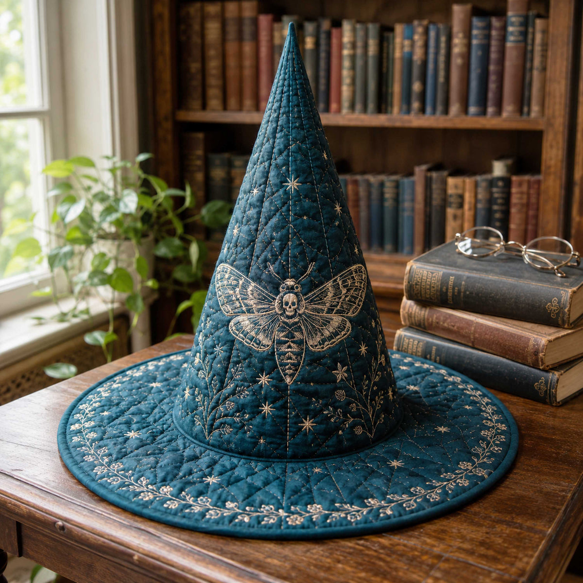 Midnight Spell quilted witch hat, all-over print on cone and brim