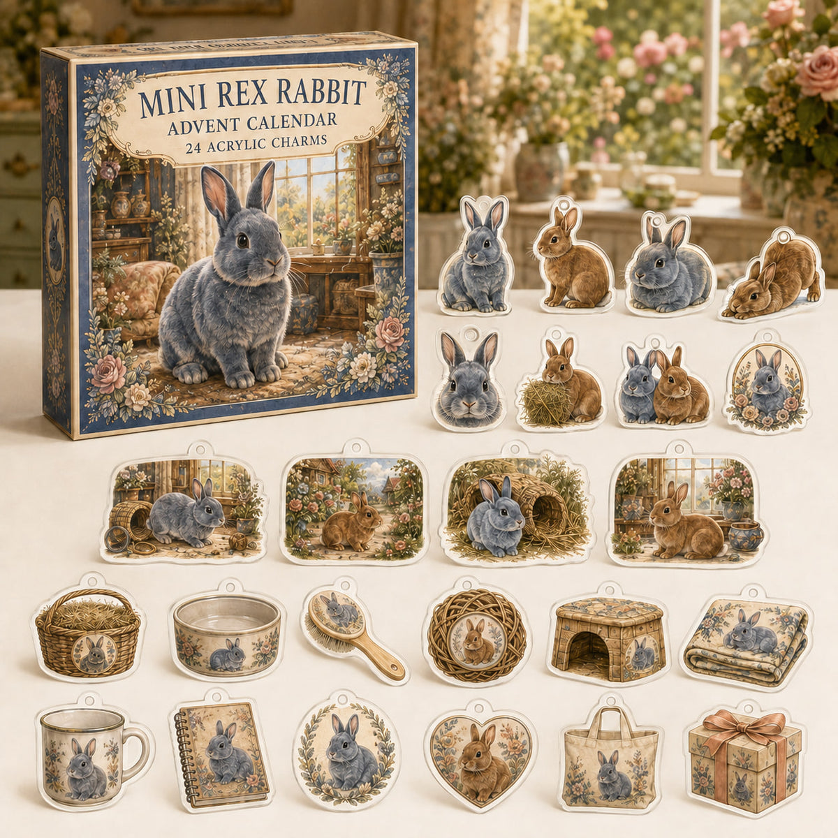 Mini Rex Rabbit calendar box and 24 flat printed acrylic charms