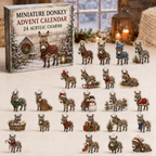 Miniature Donkey advent calendar box and full set of 24 illustrated acrylic charms on a light tabletop