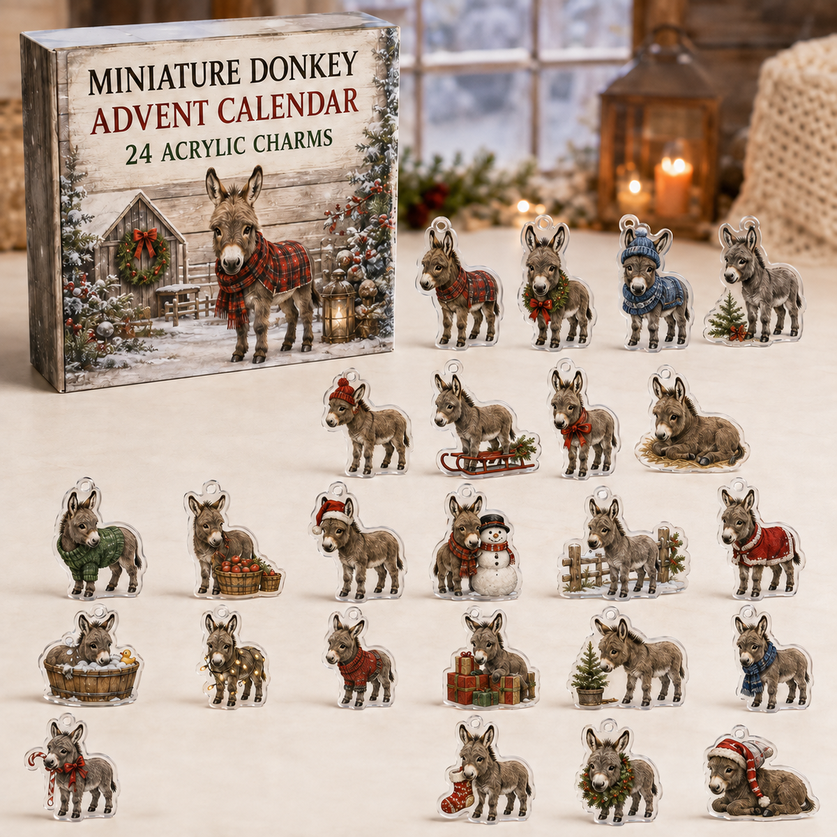 Miniature Donkey advent calendar box and full set of 24 illustrated acrylic charms on a light tabletop