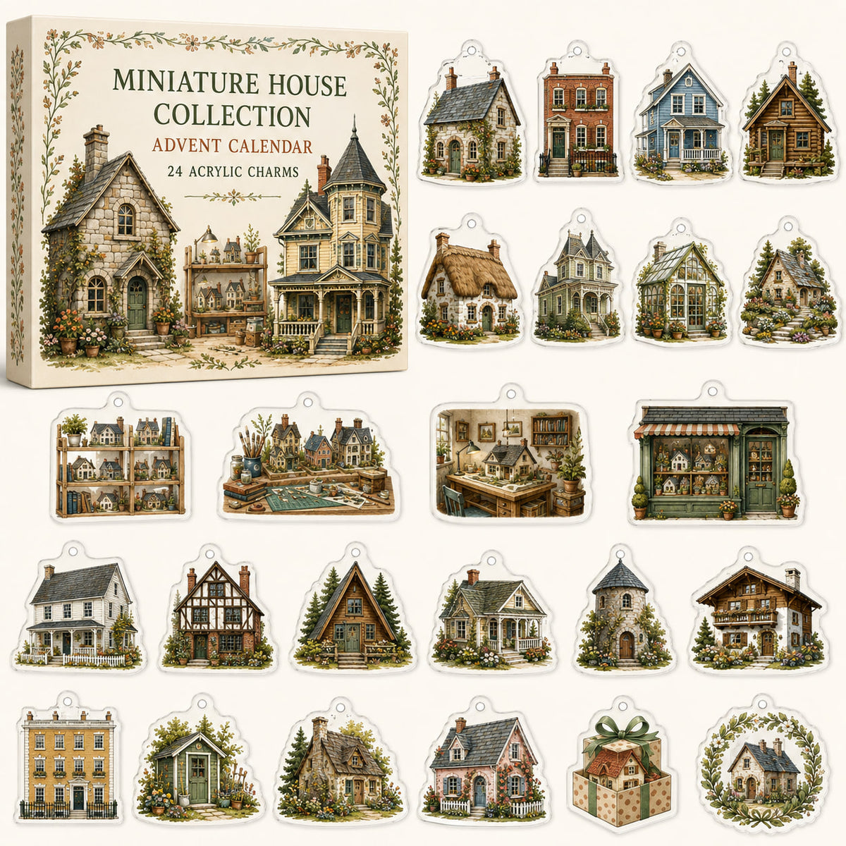 Miniature House Collecting advent calendar box and24 printed acrylic collectible charms