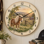 Miniature Pony Meadow Wooden Wall Clock with flat printed miniature pony and sunrise meadow depth