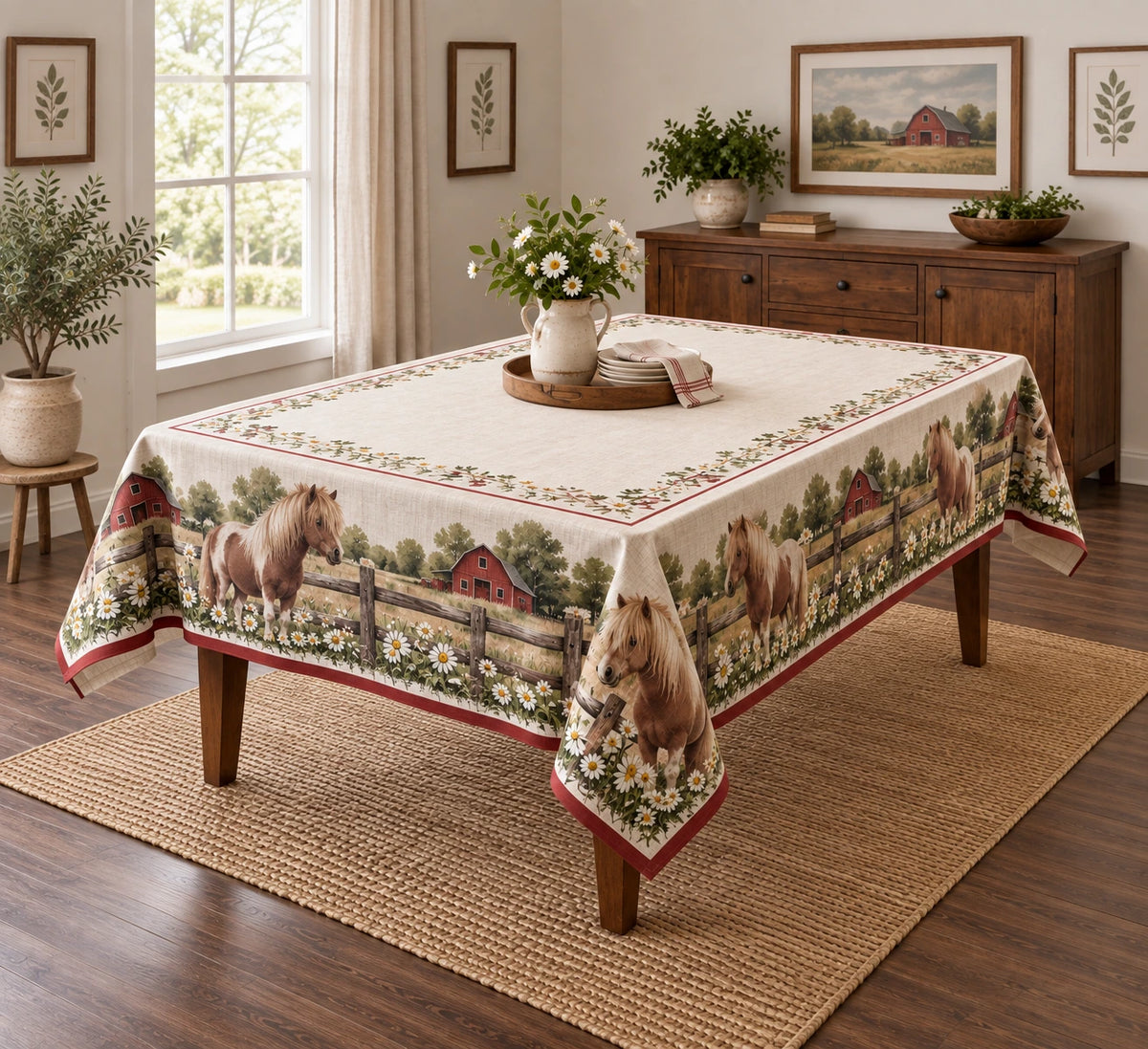 Miniature Pony Wildflower Fence Tablecloth with printed dimensional artwork