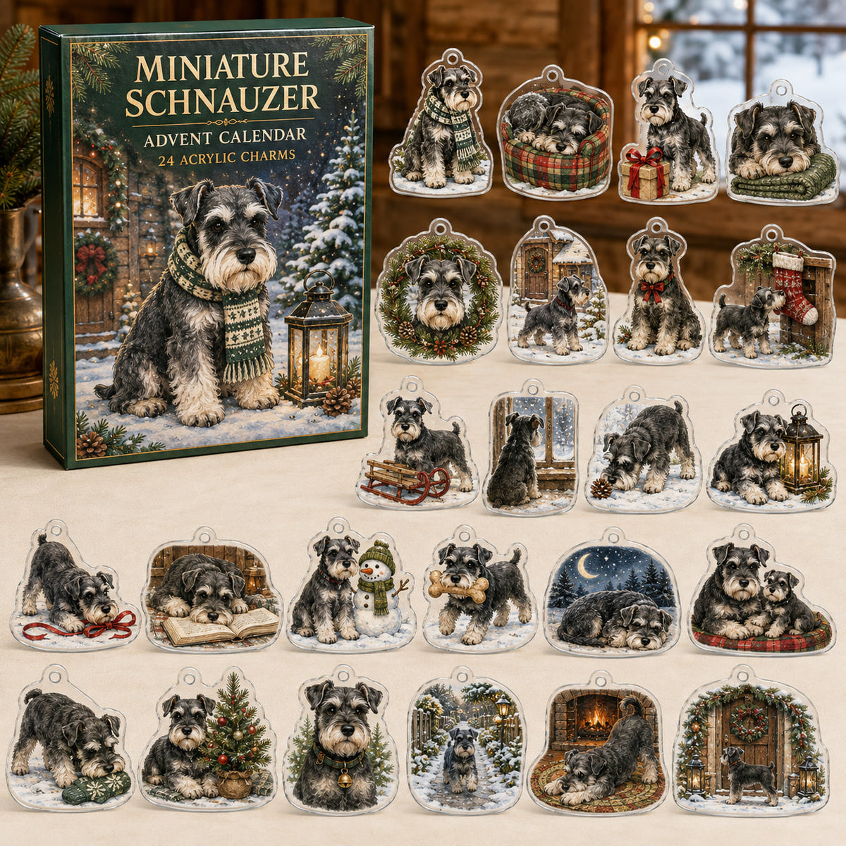 Miniature Schnauzer advent calendar box and 24 illustrated acrylic charms displayed on an ivory tabletop in a winter setting