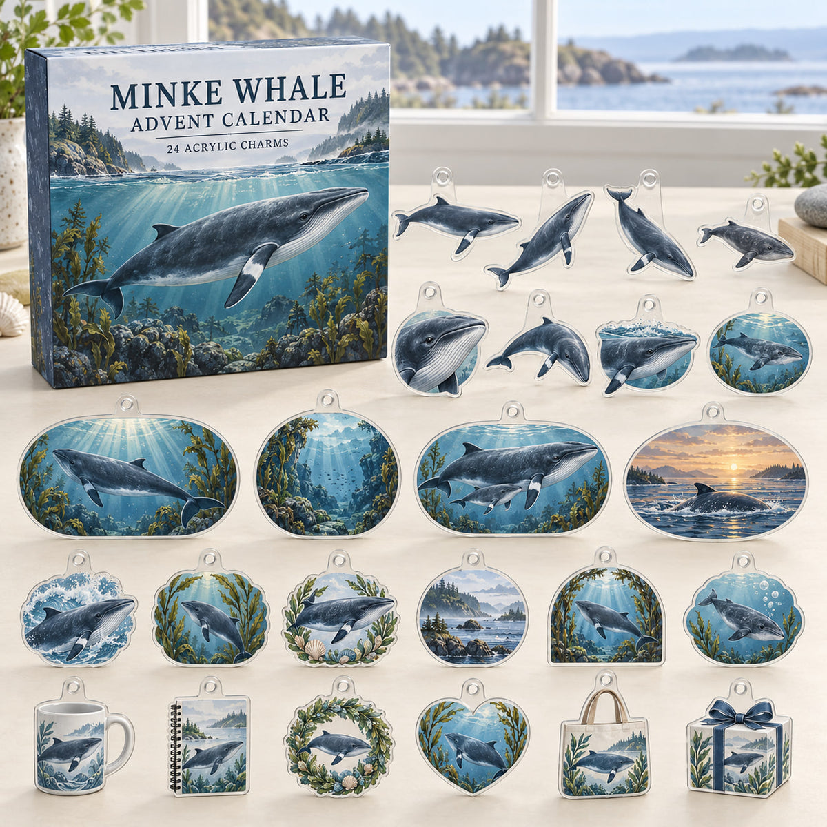 Minke Whale advent calendar box with 24 themed flat printed acrylic charms