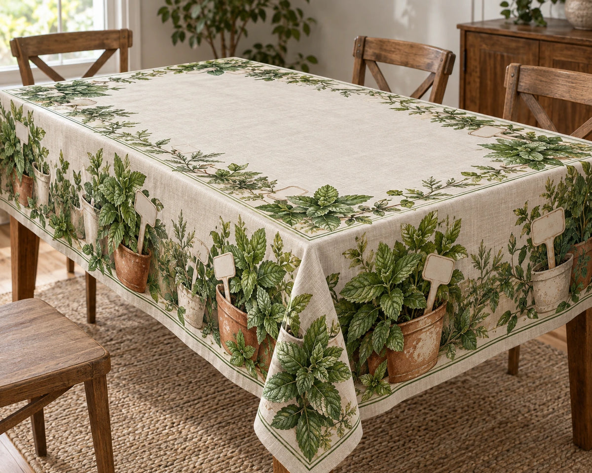 Mint Garden Labels Tablecloth with printed dimensional artwork
