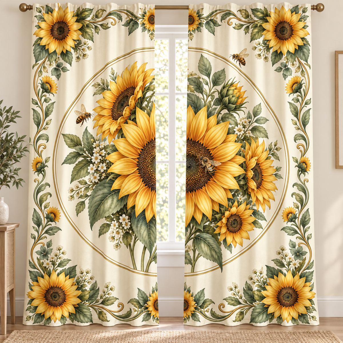 Sunflower Honeybee Window Curtains - 2 Panels - representative product view