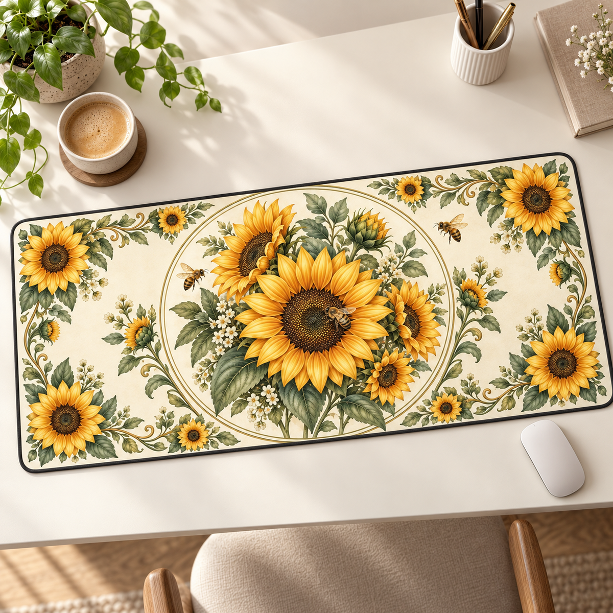 Sunflower Honeybee Desk Mat - Fabric and Rubber - representative product view