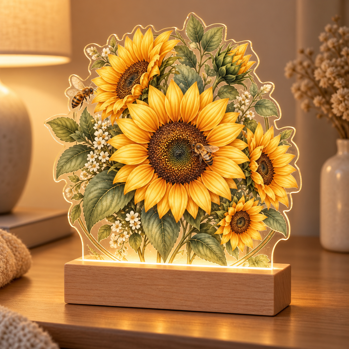 Sunflower Honeybee Custom Shape Acrylic Night Light - representative product view