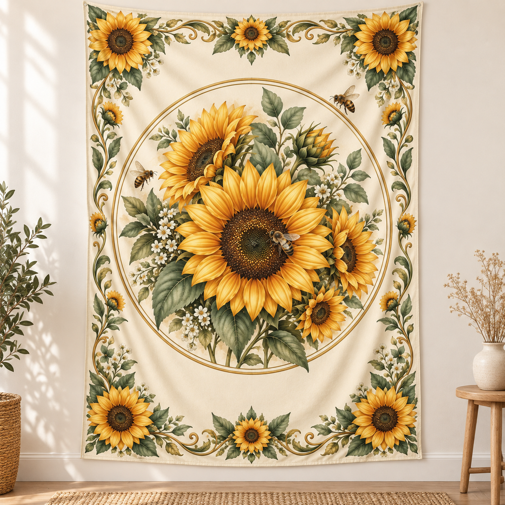 Sunflower Honeybee Botanical Wall Tapestry - representative product view