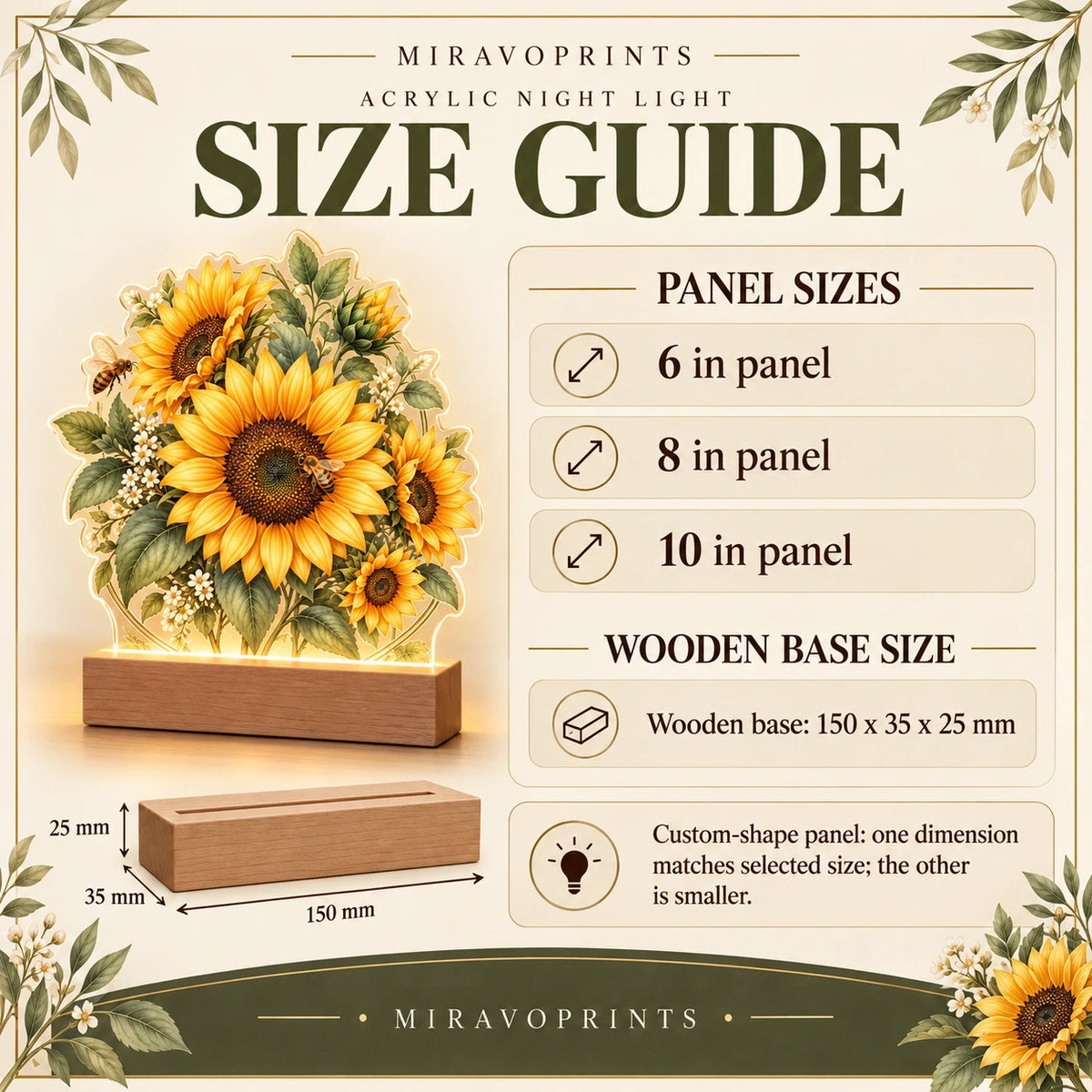 Acrylic Night Light size guide with measurements and fit information