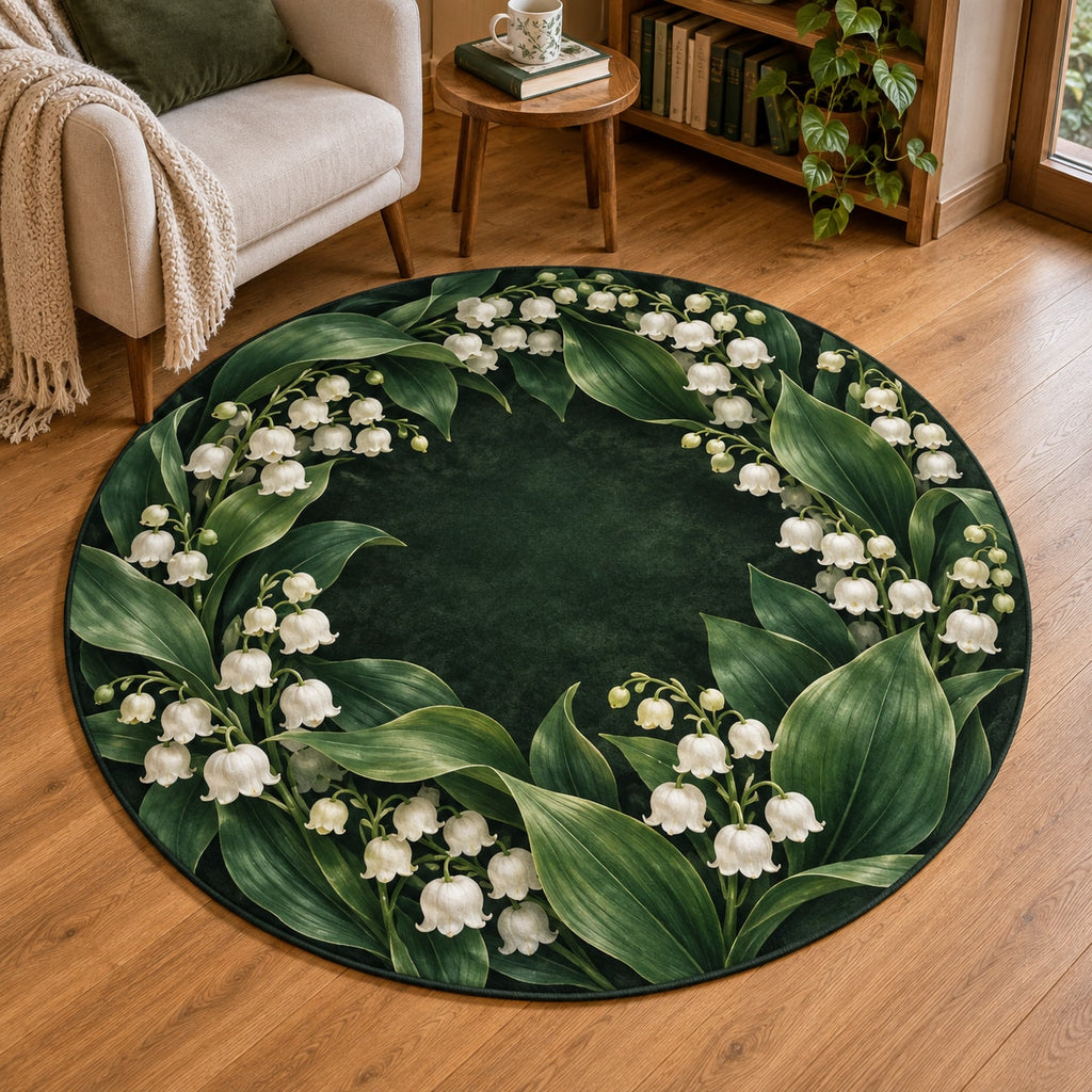 Lily Bell Woodland Round Mat Rug with dimensional printed themed artwork; representative AI-generated mockup.
