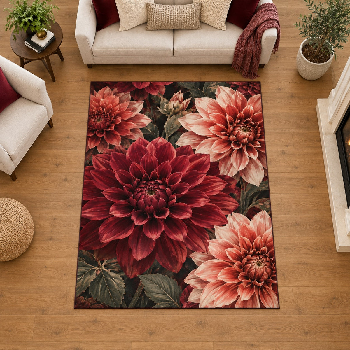 Dahlia Velvet Garden Area Rug with dimensional printed themed artwork; representative AI-generated mockup.