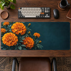 Marigold Amber Bloom Desk Mat with dimensional printed themed artwork; representative AI-generated mockup.