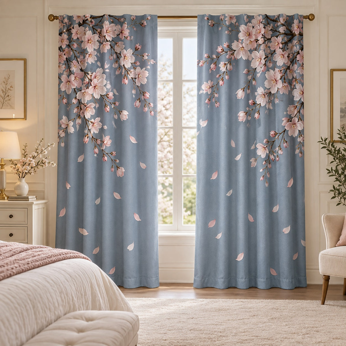 Cherry Blossom Dawn Window Curtain Pair with dimensional printed themed artwork; representative AI-generated mockup.