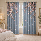 Cherry Blossom Dawn Window Curtain Pair with dimensional printed themed artwork; representative AI-generated mockup.