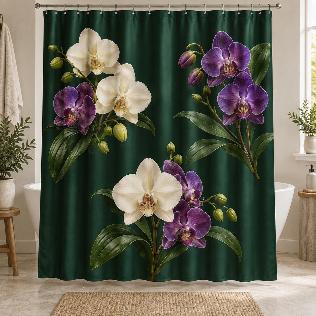 Orchid Moonlit Garden Shower Curtain with dimensional printed themed artwork; representative AI-generated mockup.