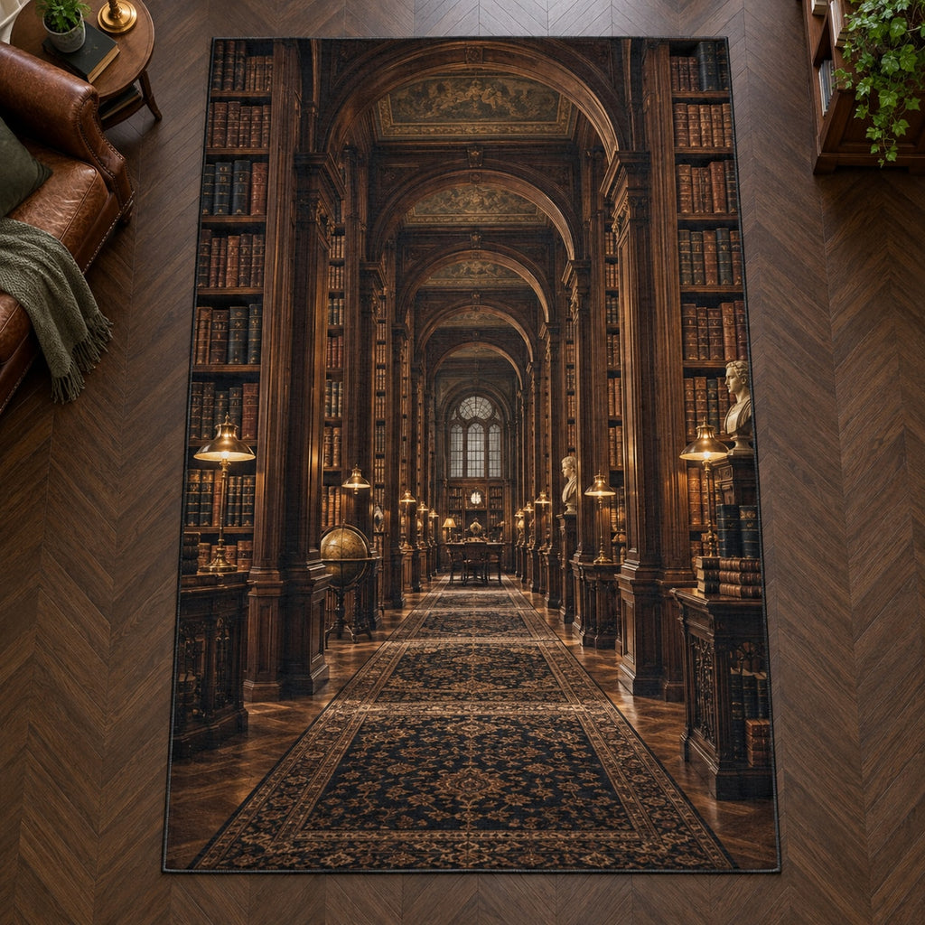 Midnight Library Alcove Area Rug with dimensional printed themed artwork; representative AI-generated mockup.