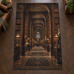 Midnight Library Alcove Area Rug with dimensional printed themed artwork; representative AI-generated mockup.