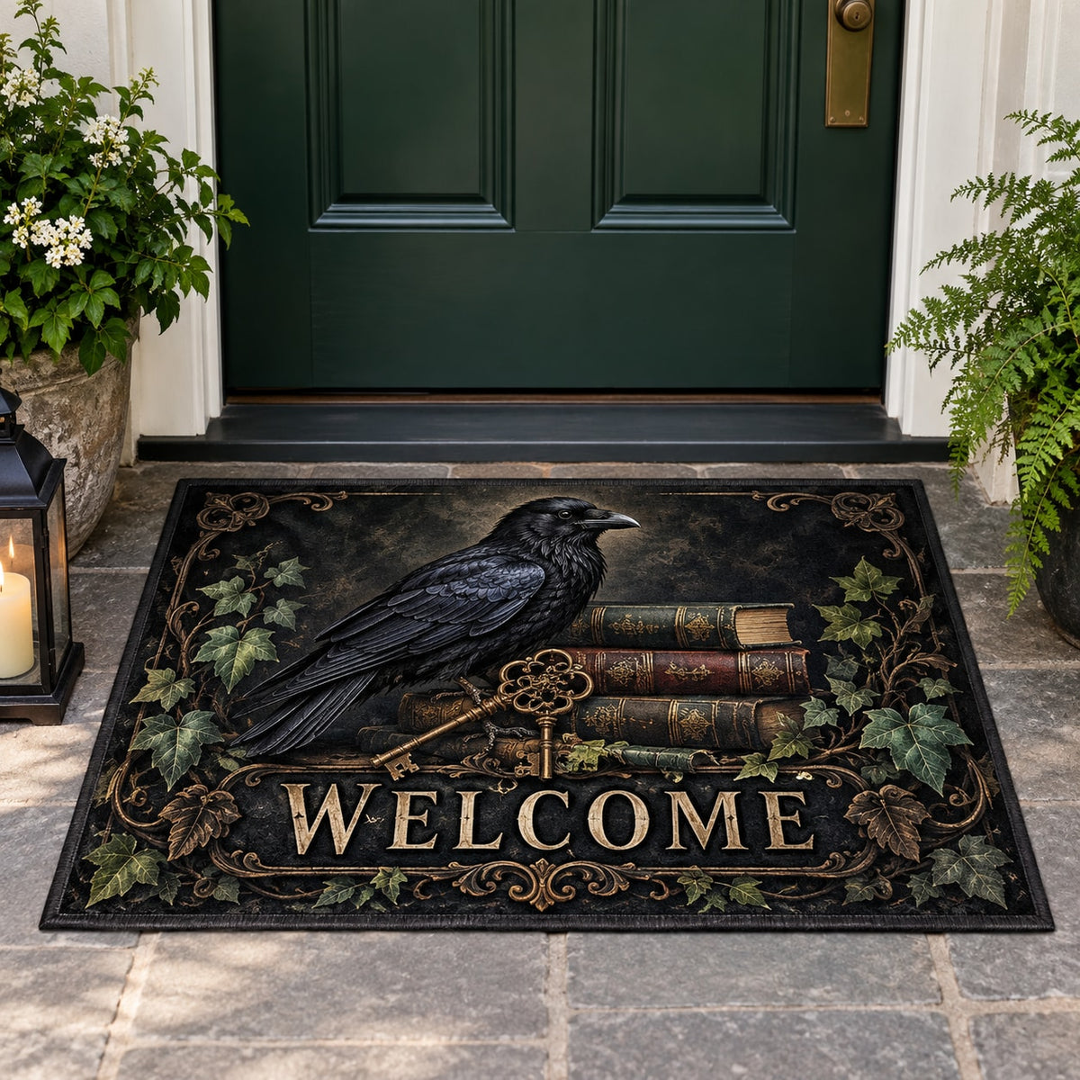 Raven Library Keys Welcome Mat with dimensional printed themed artwork; representative AI-generated mockup.