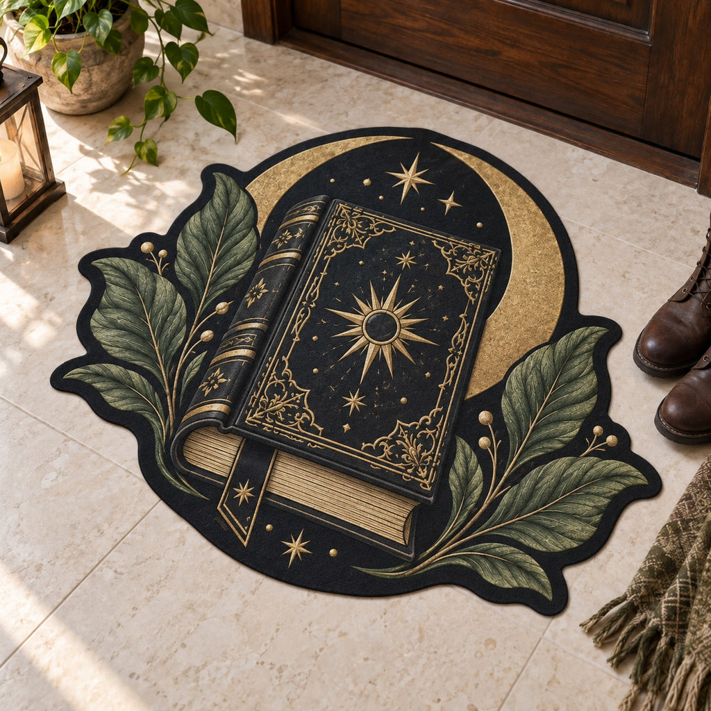 Gothic Grimoire Crest Custom Shape Mat with dimensional printed themed artwork; representative AI-generated mockup.
