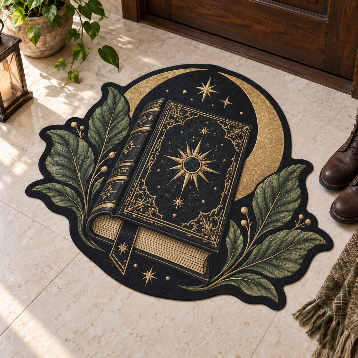 Gothic Grimoire Crest Custom Shape Mat with dimensional printed themed artwork; representative AI-generated mockup.