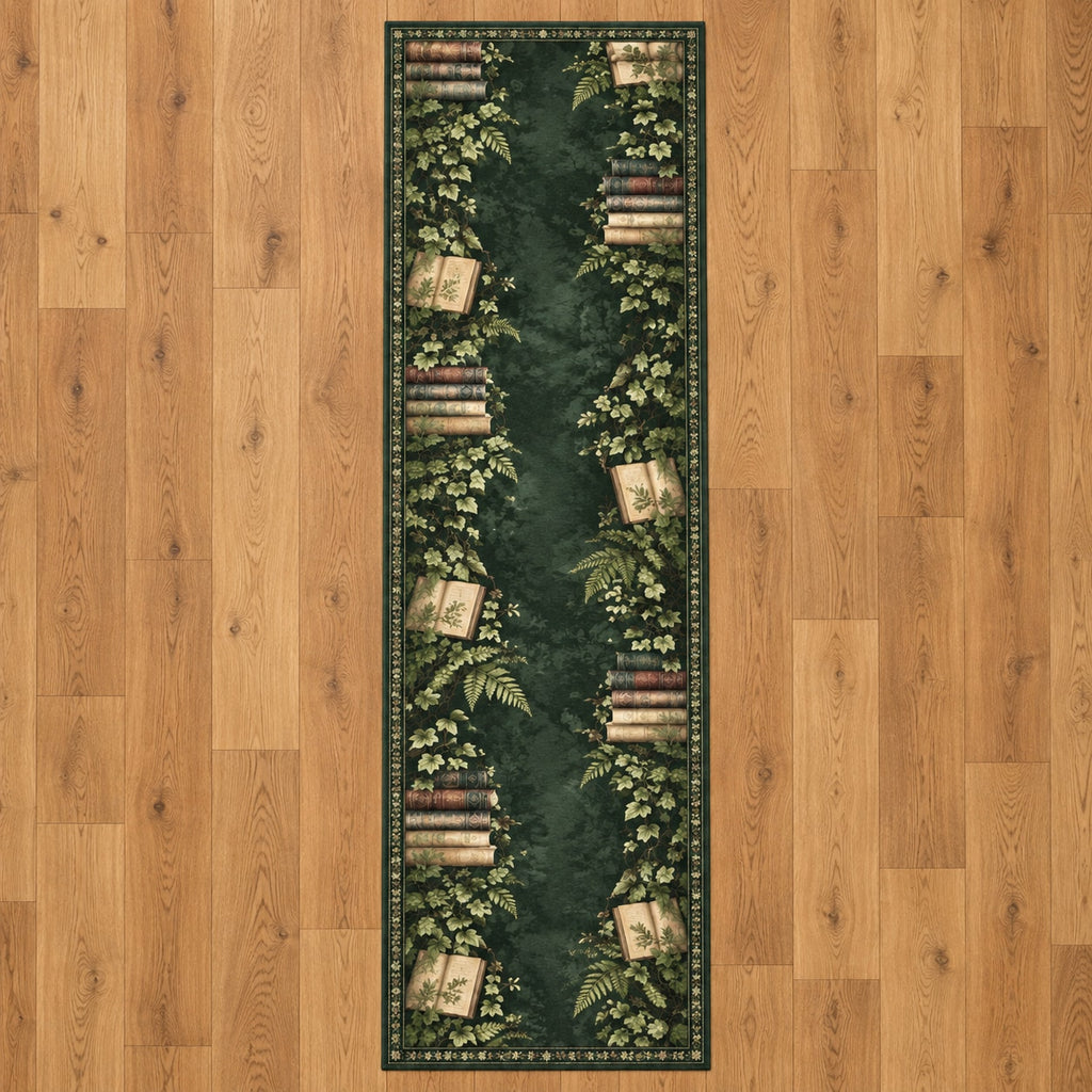 Botanical Book Passage Runner Rug with dimensional printed themed artwork; representative AI-generated mockup.
